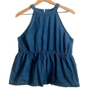 Tea Rose Blue Chambray Soft Denim Cotton Peplum High Neck Sleeveless Tank Top